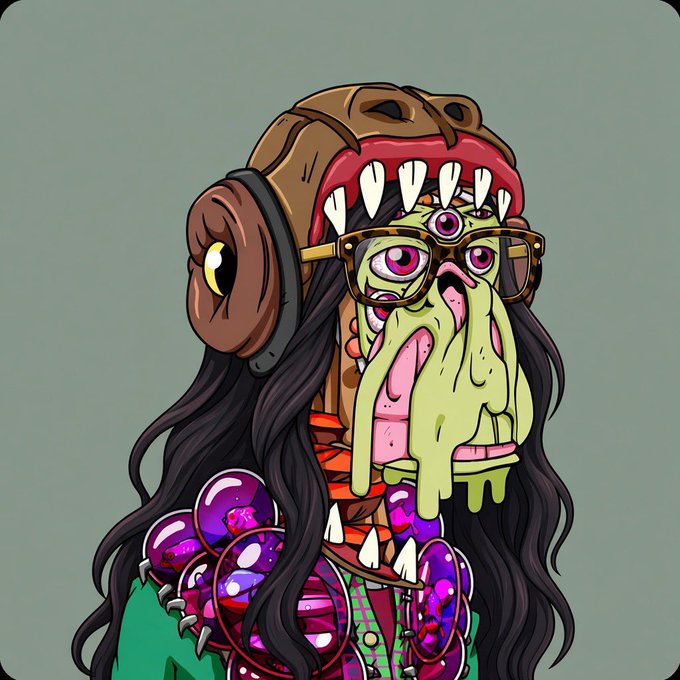 A bizarre cartoon illustration depicts a figure wearing a brown helmet with an open, toothy mouth, leopard-print sunglasses, and green slime dripping from its face.