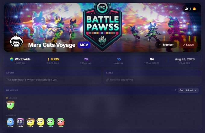 A clan page for "Mars Cats Voyage" (MCV) on the Battle Pawss platform showing worldwide location, 9,735 TripCoins, 70 Total LVL, 10 Avg LVL, 84 Total Pieces, founded Aug 24, 2026, with 7 members listed.