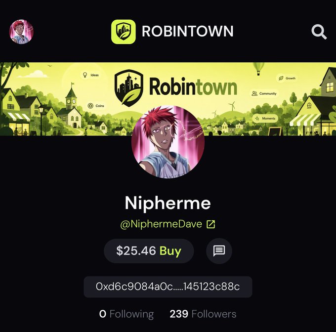The image shows a Robintown profile page for "Nipherme" (@NiphermeDave), displaying a token price of $25.46 with a "Buy" option, the wallet address 0xd6c9084a0c...145123c88c, and 239 followers. The profile's colorful banner and branding tie into the post's message about distributing Creator fees to holders, suggesting this is the user's creator profile where token-based rewards would be shared.