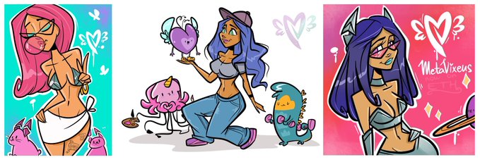 Three cartoon illustrations of a woman with different hair colors (pink, blue, and purple), labeled 'MetaVixens' alongside small creature companions and heart motifs.