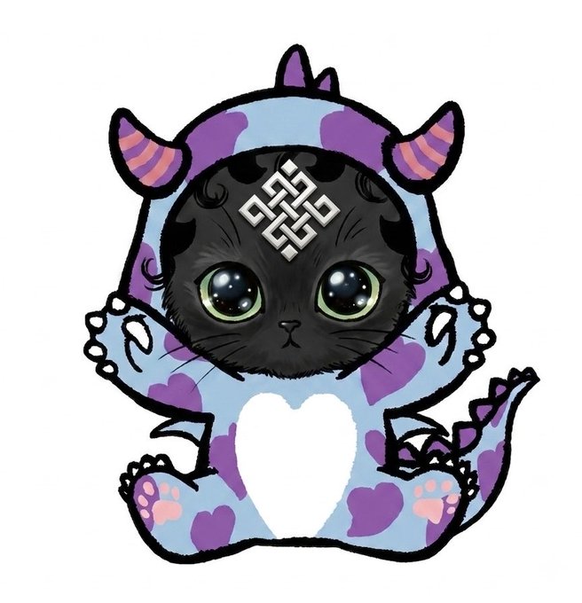 An illustration of a black cat dressed in a blue and purple dragon costume with hearts, featuring small horns and a tail, with a decorative knot symbol on its forehead.