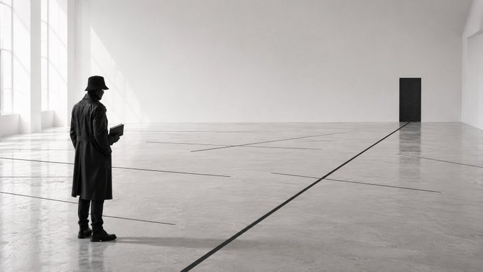 A black and white photograph shows a man in a trench coat and hat standing in a large, empty room, looking toward a distant dark doorway with a long line on the floor extending toward him.