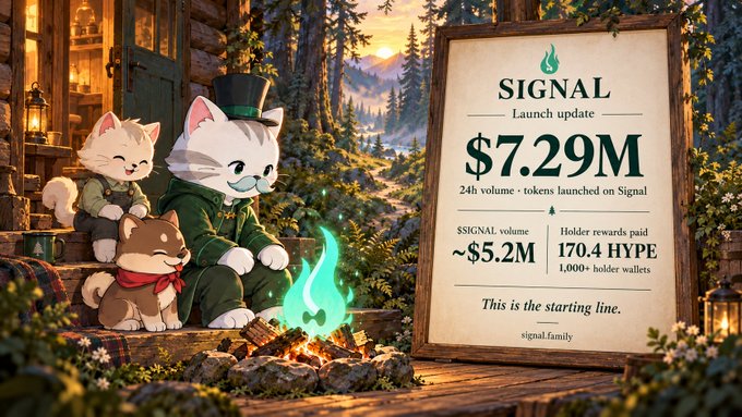 The graphic is a promotional "Launch Update" announcement for the Signal token ($SIGNAL), showcasing $7.29M in 24h volume, ~5.2M in $SIGNAL volume, and 170.4 HYPE in holder rewards paid across 1,000+ wallets, set against an illustrated scene of three cats gathered around a campfire in a forest. This visual supports the post's bullish sentiment about @signaldotfamily launching on Signal, with the "striking lightning in a bottle" motif symbolizing the post's excitement about the project's early traction.