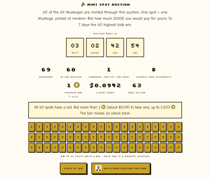 A 'MINT SPOT AUCTION' webpage for Muskogees showing a countdown timer (03 days, 02 hours, 42 min, 54 sec), 60 spots in the auction, a minimum bid of 1 DOGE (~$0.09), and buttons to 'PLACE MY BID' or 'WIN A RARE MUSKOGEE FOR FREE'.