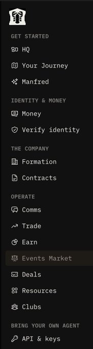 A dark-themed navigation sidebar menu with sections including Get Started, Identity & Money, The Company, Operate (highlighting 'Events Market'), and Bring Your Own Agent.
