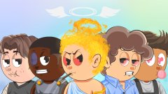 A cartoon illustration of five diverse male characters with angel halos, with the central blonde character having red eyes, set against a light blue sky background.