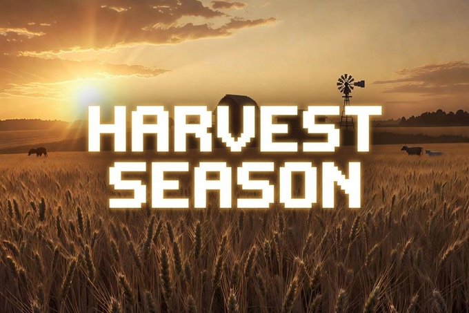 A stylized title card reading 'HARVEST SEASON' in a pixelated retro font, set against a golden sunset over a wheat field with a windmill and distant animals.