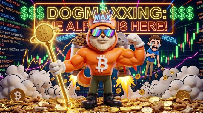 A muscular Shiba Inu mascot wearing a crown, sunglasses, and a Bitcoin shirt flexes with a scepter on a pile of gold coins, beneath neon text reading "DOG MAXXING: THE ALPHA IS HERE!" and "WAGMI" and "HODL," while a crying trader is dragged away—satirizing over-the-top crypto hype on the $DOG token being traded on Kraken.