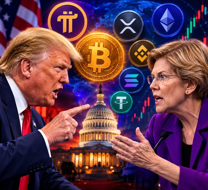 Donald Trump and Senator Elizabeth Warren face off in a heated confrontation against a backdrop featuring the U.S. Capitol, an American flag, and floating cryptocurrency logos including Bitcoin, Ethereum, XRP, Pi, and BNB—visually representing the partisan battle over digital asset regulation and the stalled CLARITY Act's uncertain future in the Senate.