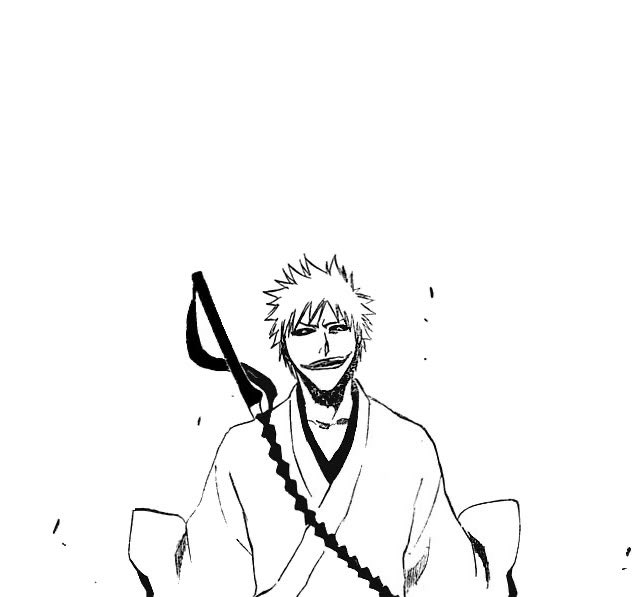 A black and white manga panel featuring a spiky-haired male character with a wide grin, wearing a traditional robe and holding a sword with a jagged blade.