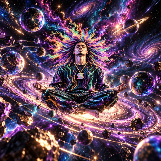 A vibrant, psychedelic digital artwork depicting a person meditating in lotus position surrounded by swirling galaxies, colorful cosmic energy, and floating planets.