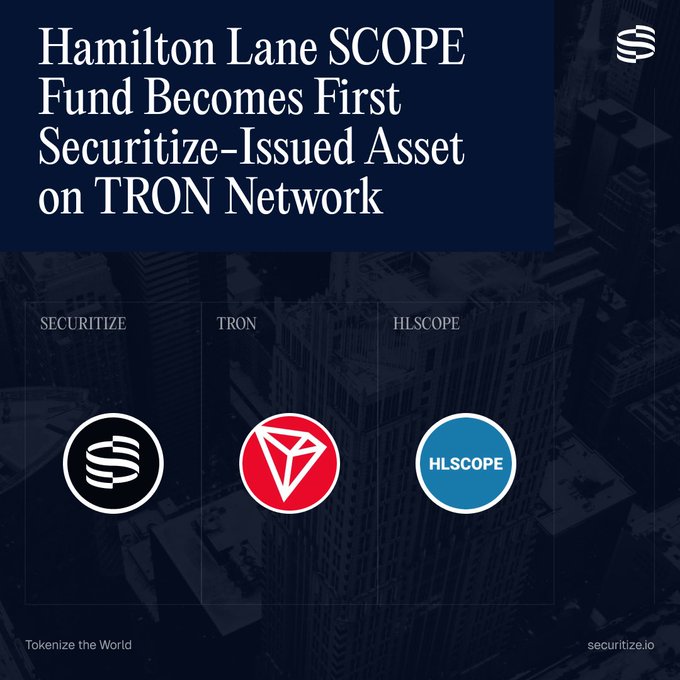The image features an advertisement for Hamilton Lane Scope Fund, which has become the first fund to securitize its asset. The text above the image reads "Hamilton Lane Scope Fund becomes first securitized-issued Asset on TRON Network". Below this, there are three logos representing different companies in the cryptocurrency space: a red triangle with the word "TRON", a blue circle with the word "HLSCOVE", and a black square with the word "TOKENIZER". The image also includes a caption that reads "Focus on what is in the image and how it relates to the post" which suggests that the viewer should pay attention to the details of the advertisement.