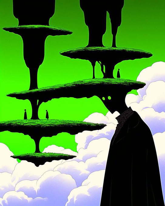 A hooded figure observes surreal floating islands inhabited by small silhouettes against a vibrant green sky and white clouds, evoking a journey of building something extraordinary from the ground up. The imagery of separate, elevated land masses mirrors the post's message about crafting a lasting "Family" collection rather than a fleeting drop, with the solitary watcher symbolizing ITIA's deliberate, visionary path.