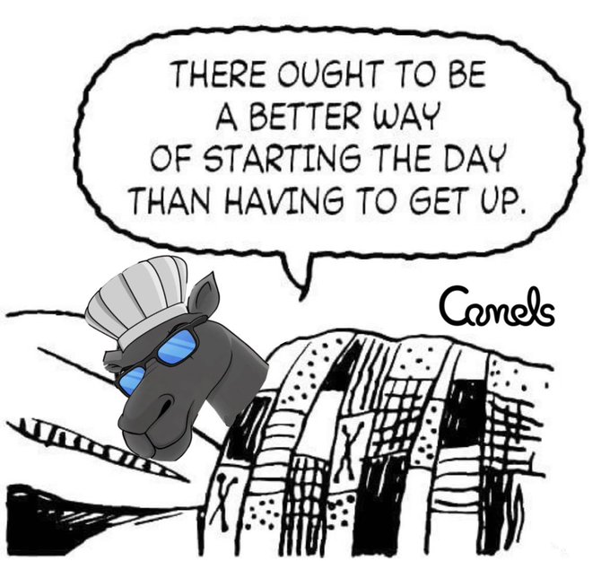 A black-and-white comic-style cartoon of a horse in a sleeping cap and blue sunglasses in bed under a patterned blanket, with a speech bubble reading 'THERE OUGHT TO BE A BETTER WAY OF STARTING THE DAY THAN HAVING TO GET UP.' signed by 'Camels'.