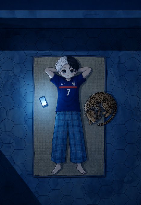 The image shows an anime-style boy with half-black, half-white hair lying on a rug, wearing a blue France soccer jersey with the number "7," accompanied by a cheetah resting beside him. The post references considering a bet on France to win against Paraguay on Polymarket, which ties directly to the French national team jersey the boy is wearing in the illustration as he winds down for the night.