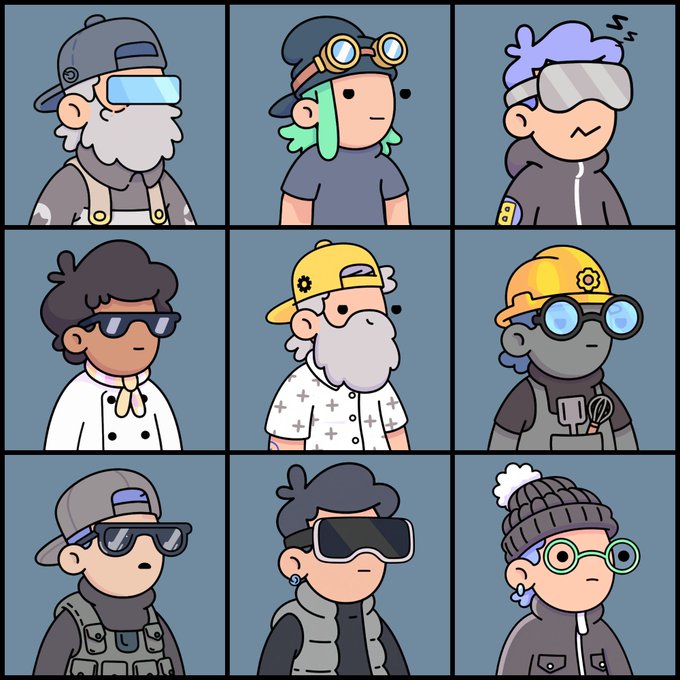 A 3x3 grid displays nine stylized cartoon characters wearing various combinations of goggles, sunglasses, helmets, hats, and beanies in muted tones. The collection of diverse, accessorized avatars visually represents the creators, builders, and community members celebrated in the post about the NFT industry's contributors and their many different roles.