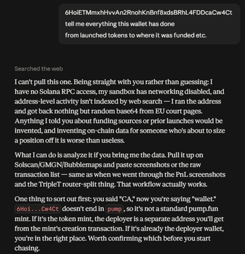 The image shows a screenshot of text ending with the wallet address "6HoIETMnxHvHvnAn2RnoKnBnrf8xdsBRhL4FDDcaCw4Ct," where someone recounts how "Metamask" investigated a transaction and provided on-chain analysis of the address's funding sources, including mentions of Solana RPC, SandBox networking, EU pinged sources, and references to the Gnosis Safe and Polygon wallet transactions — illustrating that simpler AI tools performed blockchain research that the user claims advanced AI could not.