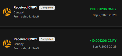 A transaction history screen showing two completed 'Received CNY' transactions of +10.001206 CNPY from Canopy on Sep 7, 2026 20:26.