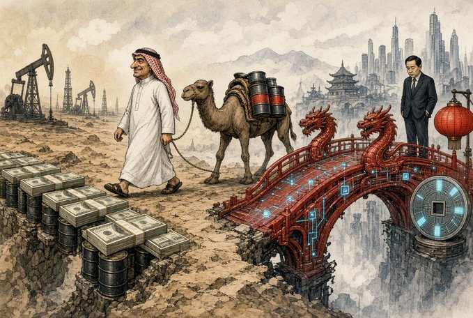 The image is an illustrative artwork depicting a man in traditional Saudi Arabian attire leading a camel carrying oil barrels across a desert, with oil derricks in the background, juxtaposed against a Chinese cityscape featuring pagodas and modern skyscrapers, connected by a red dragon-adorned bridge with digital/circuit-like patterns, a businessman in a suit, stacks of cash and oil barrels, and a large digital coin or token.

The image symbolizes the economic and financial bridge between Saudi Arabia's oil wealth and China's technological and financial power, visually representing the mBridge cross-border payment rail and the commodities trade it was designed to settle, with the withdrawal of Saudi Arabia's central bank from the project highlighting a shift in this financial partnership.