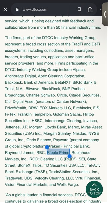 The image shows a webpage from DTCC.com listing member firms of the DTCC Industry Working Group, including Ripple Prime, as part of over 50 financial industry firms participating in TradFi and DeFi ecosystem collaboration. This appears to be evidence contradicting claims that Ripple is not involved with DTCC, as the list explicitly names "Ripple Prime" among the participating firms.