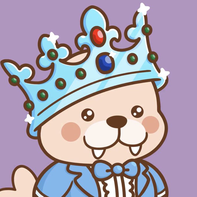 A cute cartoon illustration of a small animal character wearing a blue jeweled crown and matching blue suit with a bow tie against a purple background.