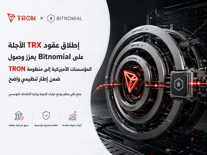 The image is a promotional graphic announcing the launch of TRX futures contracts on the Bitnomial platform, featuring the TRON and Bitnomial logos alongside a metallic vault graphic labeled with "Contract," "Margin," "Clearing," and "Settlement," with Arabic text highlighting the partnership's role in expanding TRON's institutional reach within a regulated U.S. clearinghouse framework.