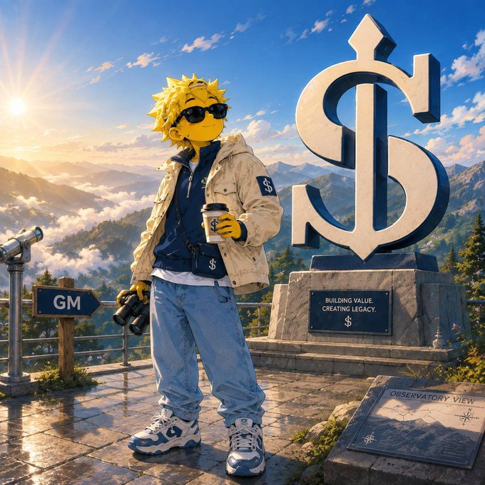 An AI-generated illustration depicting a yellow-haired figure wearing sunglasses, a jacket, and sneakers, holding a camera and coffee cup, standing at a scenic overlook next to a large dollar sign monument on a stone pedestal inscribed 'BUILDING VALUE CREATING LEGACY.'