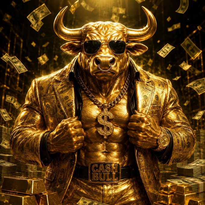 A stylized, gold-themed digital illustration of a muscular bull wearing sunglasses, a dollar sign necklace, and a jacket covered in money, with a belt buckle reading 'CASH BULL' amidst falling dollar bills and gold bars.