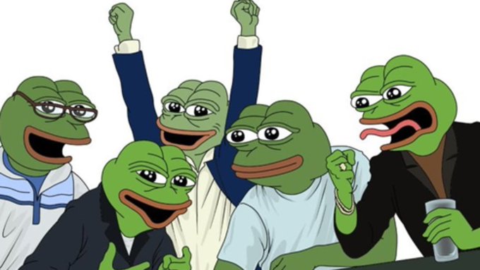 An illustration of several green Pepe the Frog meme characters with varied expressions, including one with raised arms in celebration.
