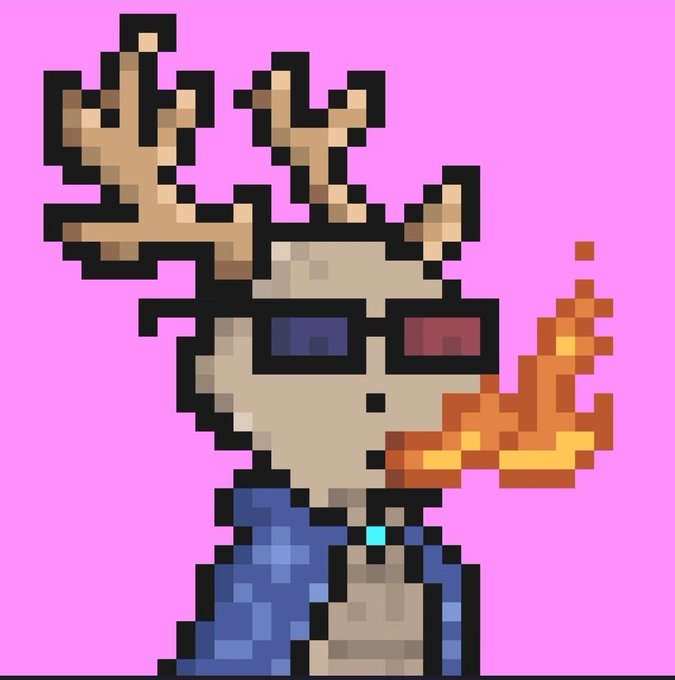 A pixel art character with reindeer antlers, 3D glasses, and breathing fire is displayed against a pink background, illustrating the NFT giveaway prize mentioned in the accompanying post celebrating the sell-out of @cr7sart's mint, which features 100 HBAR and a Serties NFT as rewards.