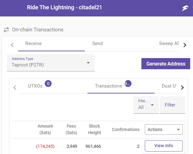 A screenshot of a cryptocurrency wallet interface titled 'Ride The Lightning - citadel21' showing on-chain transaction details with a negative amount of 174,245 sats.