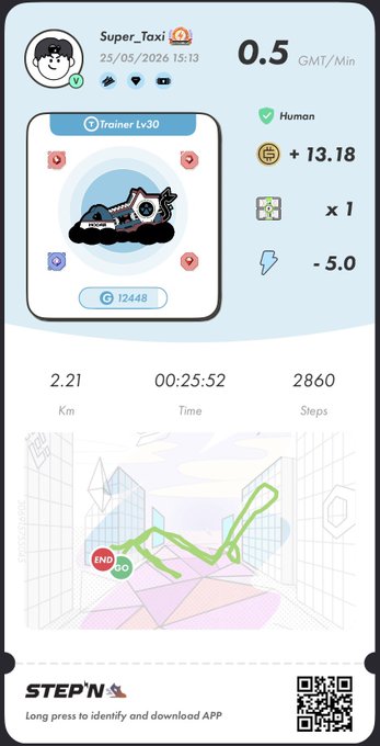 The image shows a screenshot of an app called "StepN" that tracks steps taken during a walk, with a map displayed on the screen showing the user's location and their progress along the route. The app also provides information about the distance covered and calories burned based on the user's weight and walking pace.