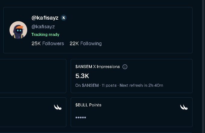 The image shows a social media profile for @kafisayz with 25K followers and 22K following, displaying 5.3K $ANSEM X Impressions across 11 posts with a refresh timer of 2h 40m, along with a $BULL Points tracker. This visually supports the post's claim that the $ANSEM X impressions tracking issue has been resolved, as the stats are now finally displaying correctly.