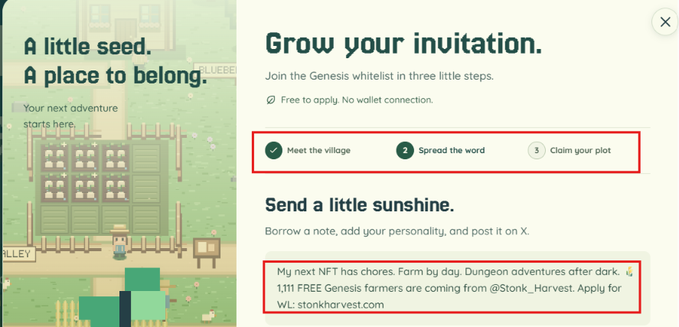 The image shows a Genesis whitelist signup page for Stonk Harvest, outlining three steps (Meet the village, Spread the word, Claim your plot) and a sample tweet about their limited 1,111 NFT Genesis collection with a link to stonkharvest.com, directly promoting the WL opportunity mentioned in the post.