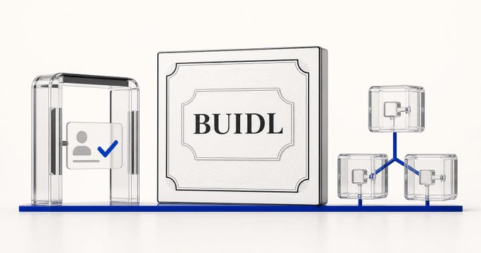 A clear glass display features a user ID card with a checkmark next to a plaque reading "BUIDL," alongside a network diagram of connected wallet icons. The image visually represents the institutional tokenization framework described, highlighting verified user onboarding and the interconnected blockchain infrastructure underlying BlackRock's BUIDL product.