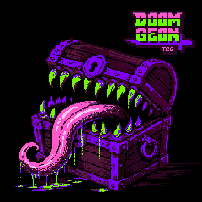 Pixel art illustration for 'BOOM BOOM GEAR TCG' featuring a treasure chest with sharp teeth and a long pink tongue dripping with neon green slime against a black background.