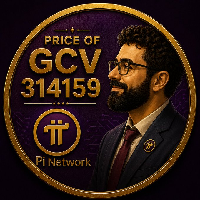 A circular gold-framed emblem features a bearded, glasses-wearing man in a suit alongside the text "PRICE OF GCV 314159" and the Pi Network logo, with "Pi Network" written below. The image visually reinforces the post's argument by referencing Pi Network's Global Consensus Value (GCV) of 314159 and comparing the project's potential to established cryptocurrencies like Bitcoin and Ethereum.