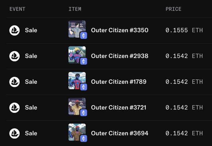 A dark-themed marketplace listing displays five 'Sale' entries for Outer Citizen NFTs (#3350, #2938, #1789, #3721, #3694) priced at 0.1542-0.1555 ETH each.