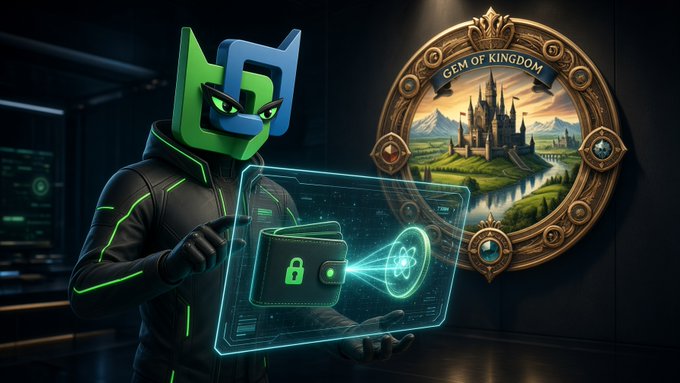 A green masked hacker figure with 'GG' on its head operates a holographic interface displaying a locked wallet next to a coin labeled 'GEM OF KINGDOM' featuring a castle.