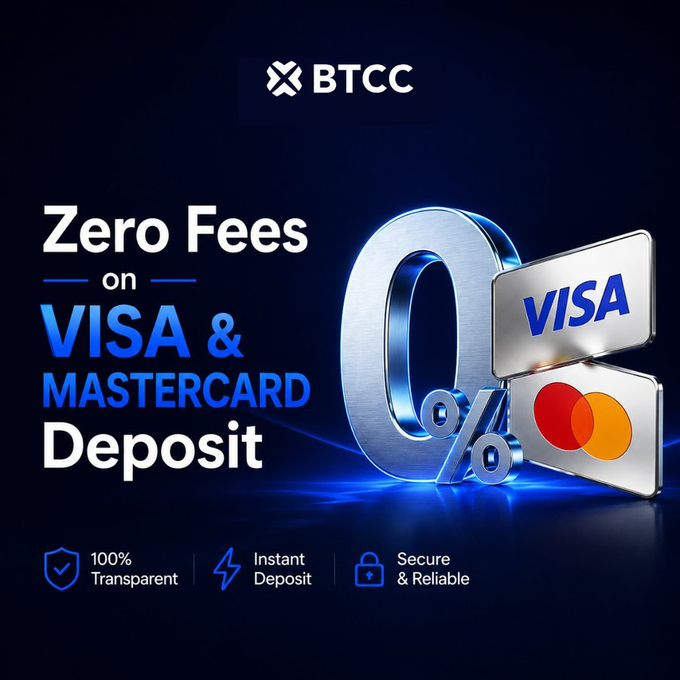 A promotional graphic for BTCC featuring a metallic 0% symbol alongside Visa and Mastercard card imagery on a dark blue background, advertising zero fees on Visa and Mastercard deposits with highlights of 100% Transparent, Instant Deposit, and Secure & Reliable service—aligning with the post's call for US users to sign up and deposit at btcc.com to celebrate the #BTCC15 anniversary.
