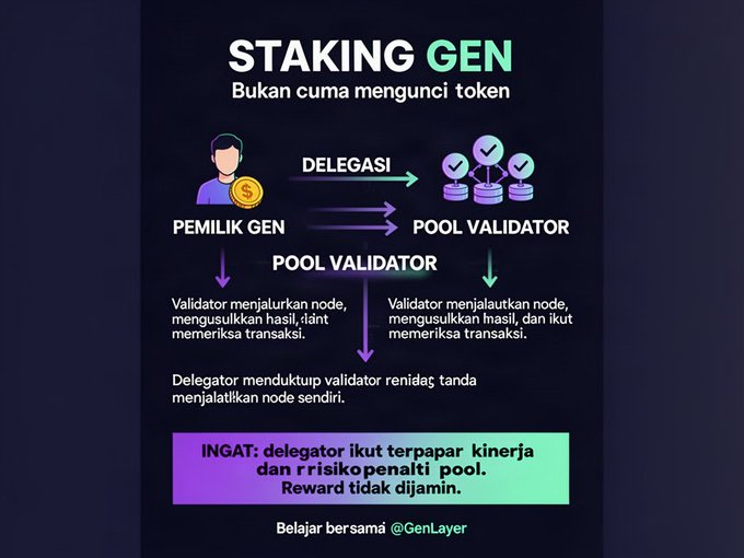 An infographic titled 'STAKING GEN' with the subtitle 'Bukan cuma mengunci token' explains the delegation process from PEMILIK GEN to a POOL VALIDATOR, noting that delegators are exposed to the validator's performance risk, and is credited to @GenLayer.