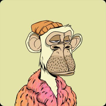 A cartoon illustration of a serious-looking monkey wearing an orange beanie and a pink fur coat.