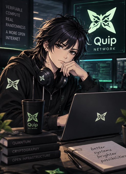 An anime-style illustration shows a person with headphones working on a laptop branded 'Quip NETWORK', with text reading 'VERIFIABLE COMPUTE REAL RANDOMNESS A MORE OPEN INTERNET' and book titles 'QUANTUM', 'CRYPTOGRAPHY', 'OPEN INFRASTRUCTURE'.