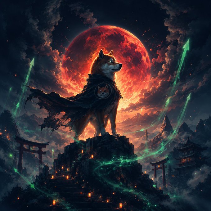 A fantasy digital artwork showing a Shiba Inu dog wearing a dark cloak with a Shiba Inu emblem, standing on a rocky outcrop in front of a massive, glowing red moon, surrounded by green energy trails and Asian-inspired architecture.