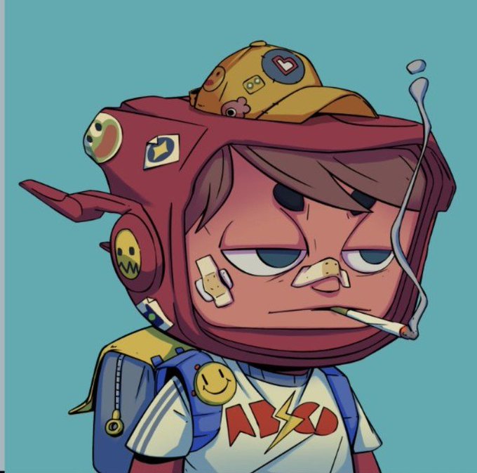 Digital illustration of a cartoon character wearing a boxy red helmet with stickers, a yellow cap, and a shirt with 'ALZO' text, smoking a cigarette.