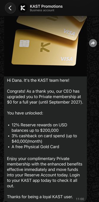 A screenshot of a KAST Promotions business account message congratulating Dana on a free Private membership upgrade to $0 for a full year until September 2027, with unlocked benefits including 12% rewards on USD balances up to $200,000 and a free Physical Gold Card.