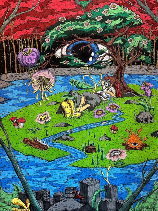 A vibrant, surreal illustration featuring a figure sleeping under a tree with a giant eye, surrounded by colorful mushrooms, flowers, and a winding blue river on a green island.