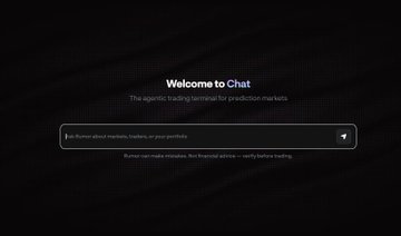 The image displays a dark-themed chat interface with the header "Welcome to Chat - The agentic trading terminal for prediction markets" and a prompt box asking "Rumor about markets, trades, or your portfolio," tying directly into the post's commentary about prediction market traders juggling multiple tabs by offering a unified, AI-driven solution.