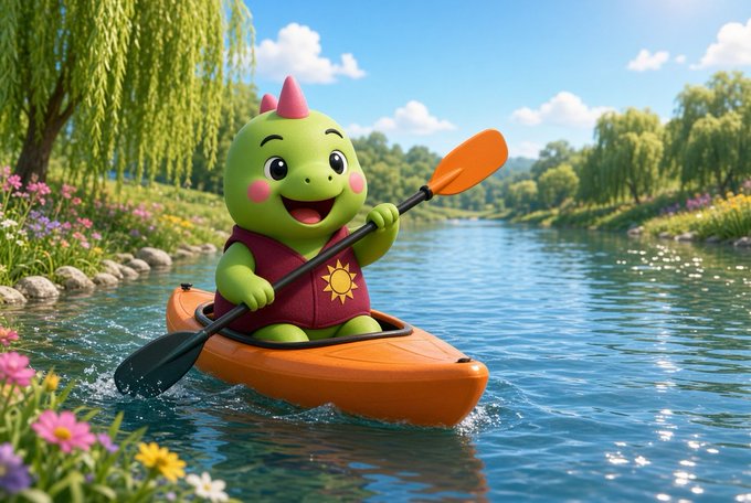 A cheerful green cartoon dragon with a small pink horn paddles an orange kayak down a sunny river lined with willow trees and wildflowers. The whimsical, health-and-lifestyle vibe of the illustration matches the post's promotion of Sleepagotchi as a wellness-tracking app under Gotchi Labs.