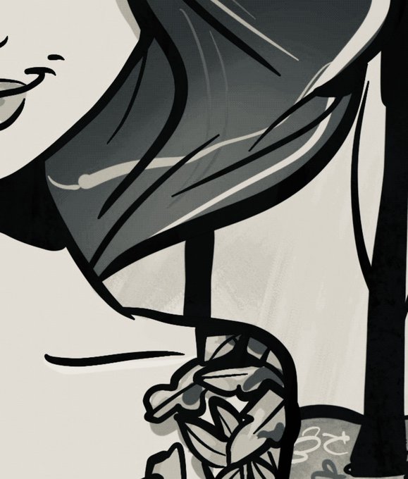 A black and white anime/manga style illustration showing a close-up of a character's lips and hands holding what appears to be a tattoo machine.